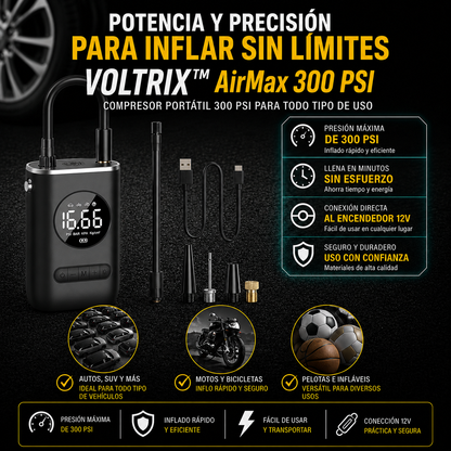 VOLTRIX™ AirMax 300 PSI: INFLA TU LLANTA EN MINUTOS Y SIGUE TU CAMINO